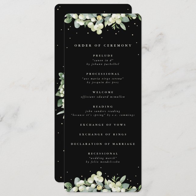 Elegant Black Snowberry+Eucalyptus Winter Wedding Program (Front/Back)