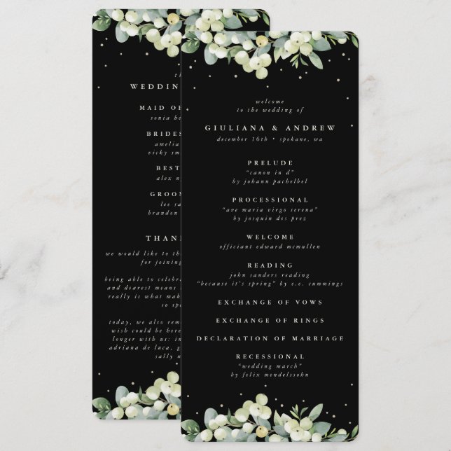 Elegant Black Snowberry+Eucalyptus Winter Wedding Program (Front/Back)