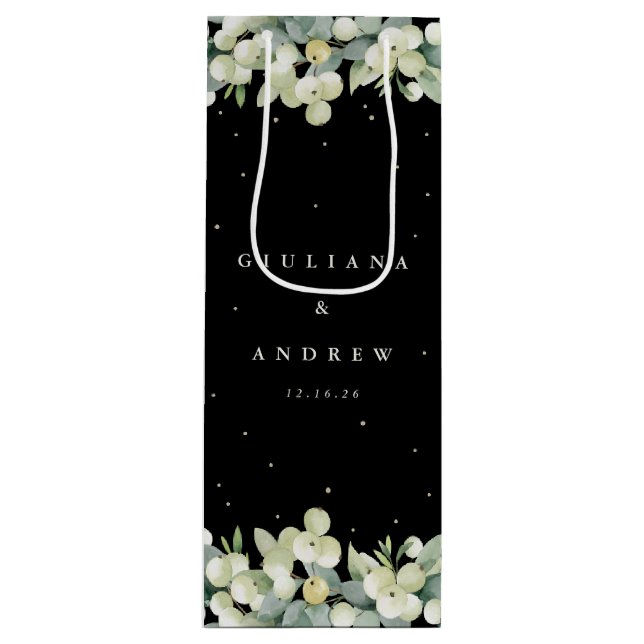 Elegant Black Snowberry+Eucalyptus Winter Wedding Wine Gift Bag (Front)