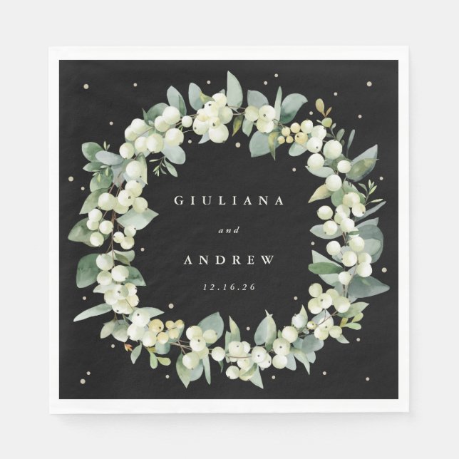 Elegant Black Snowberry+Eucalyptus Wreath Wedding Napkin (Front)