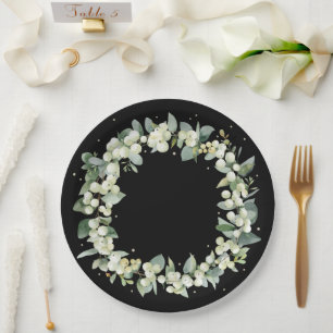 Elegant Black Snowberry+Eucalyptus Wreath Wedding Paper Plate