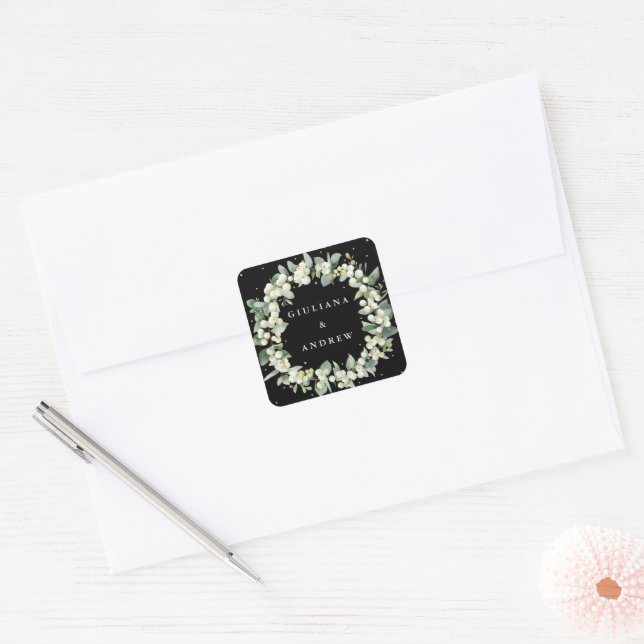 Elegant Black Snowberry+Eucalyptus Wreath Wedding Square Sticker (Envelope)