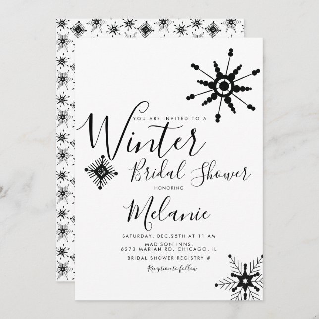 Elegant Black Snowflake Christmas Bridal Shower Invitation (Front/Back)