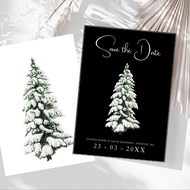 Elegant Black Snowy Pine Wedding Save The Date (Winter Black and White Snowy Pine Tree Wedding Save The Date)