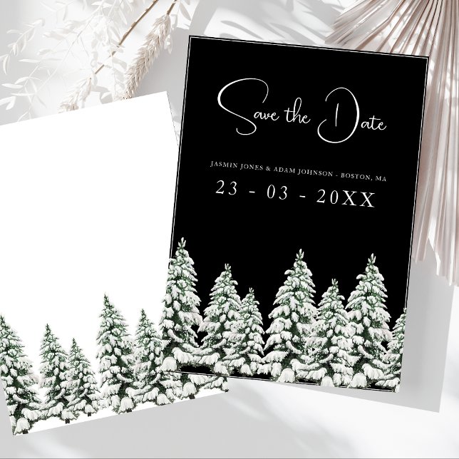 Elegant Black Snowy Pine Wedding Save The Date (Winter Black and White Snowy Pine Trees Wedding Save The Date)