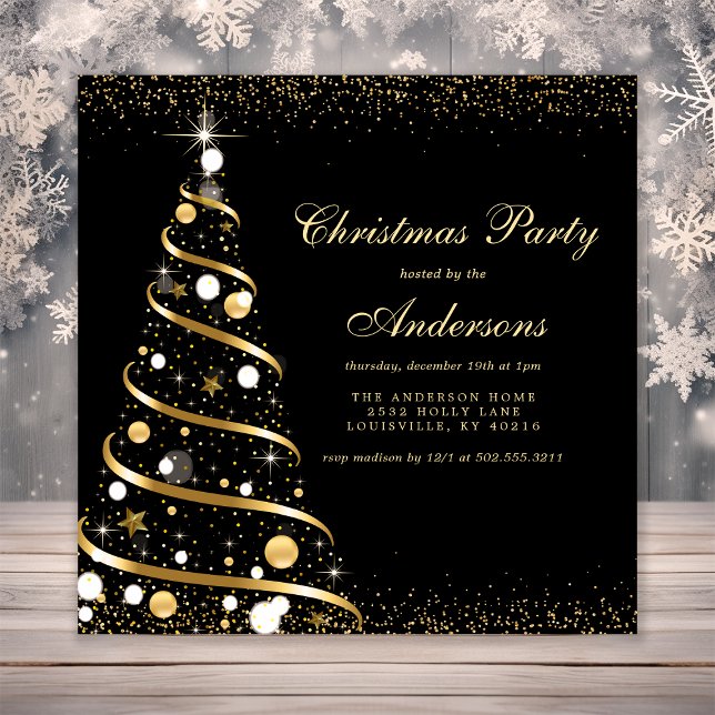 Elegant Black Sparkle Christmas Tree Party Invitation (Creator Uploaded)