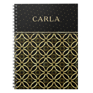 Elegant black & sparkling gold geometric pattern notebook