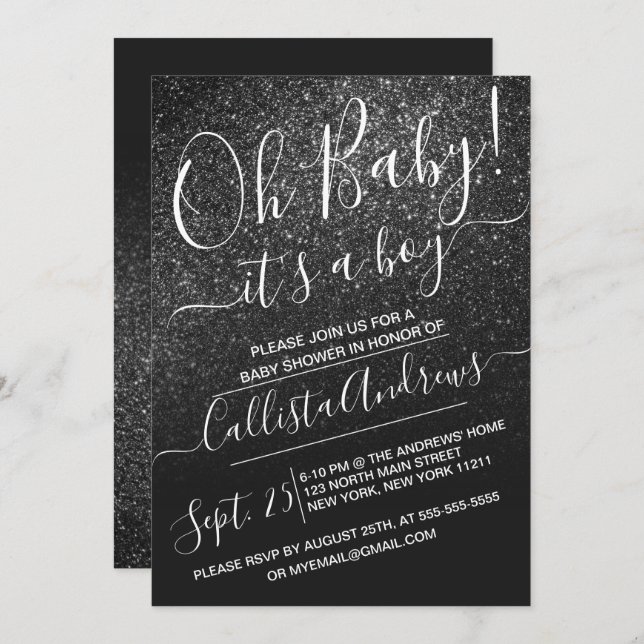 Elegant Black Sparkly Glitter Ombre Baby Shower Invitation (Front/Back)