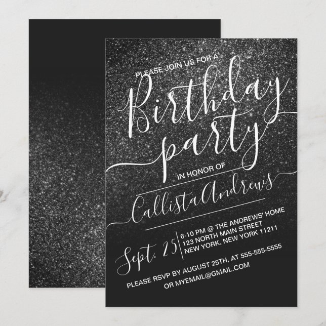 Elegant Black Sparkly Glitter Ombre Birthday Invitation (Front/Back)