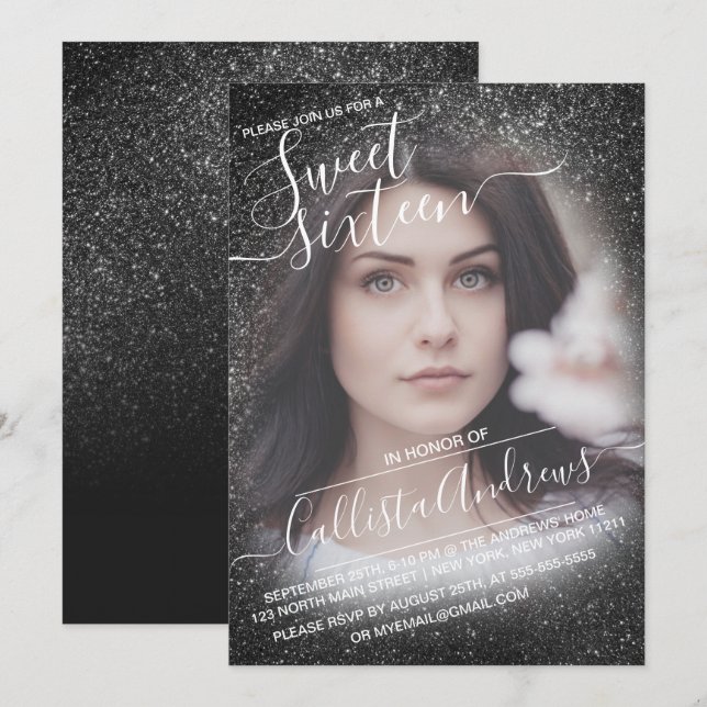 Elegant Black Sparkly Glitter Ombre Photo Sweet 16 Invitation (Front/Back)