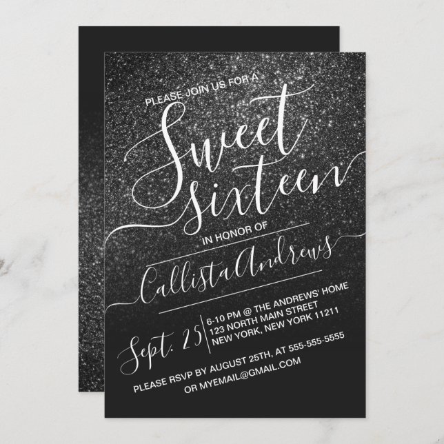 Elegant Black Sparkly Glitter Ombre Sweet 16 Invitation (Front/Back)