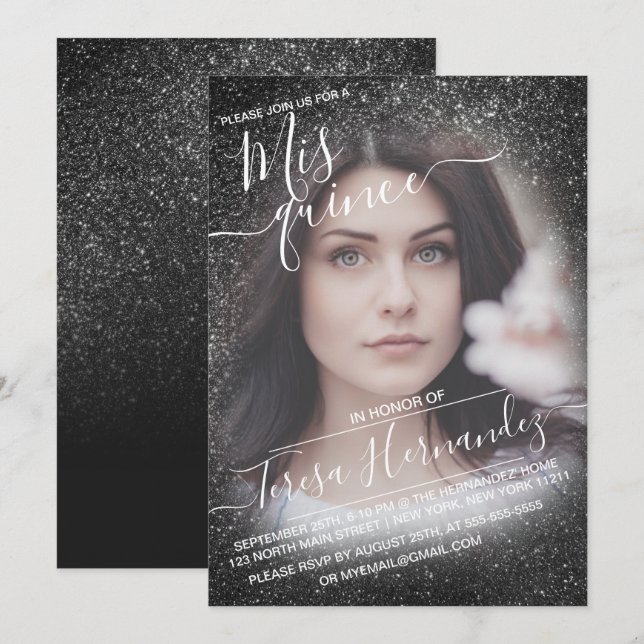 Elegant Black Sparkly Glitter Photo Quinceañera Invitation (Front/Back)