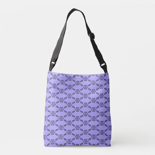 Elegant black spiral vector pattern on periwinkle crossbody bag (Back)