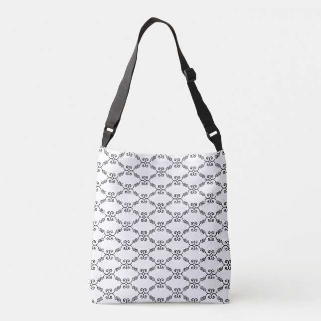 Elegant black spiral vector pattern on white crossbody bag (Back)
