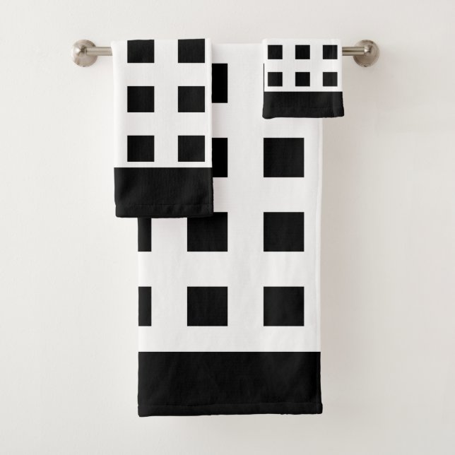 Elegant Black Squares on Black & White Bath Towel Set (Insitu)