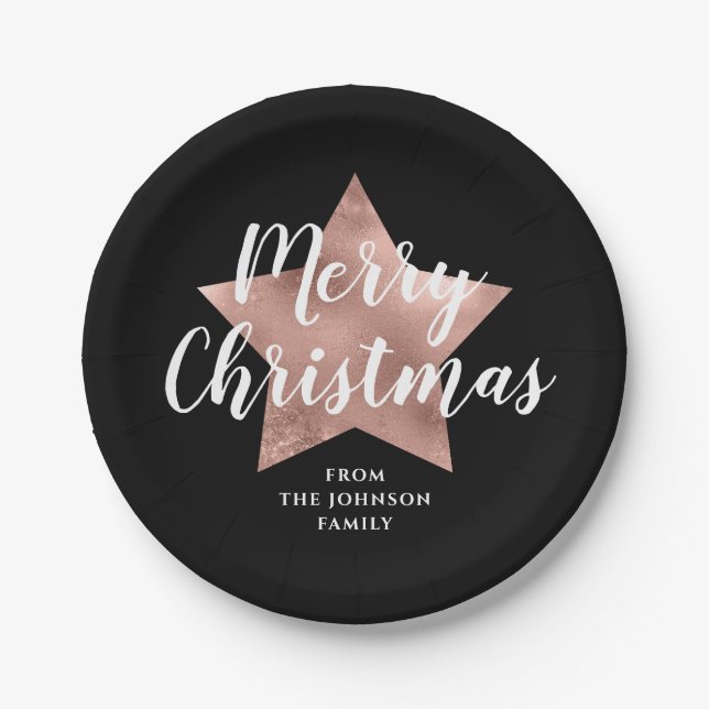 Elegant Black Star Merry Christmas  Paper Plate (Front)