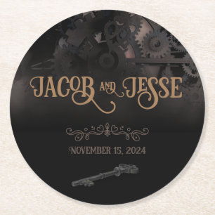Elegant Black Steampunk Wedding Round Paper Coaster