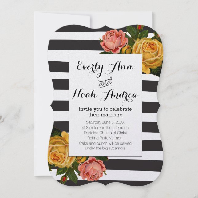 Elegant Black Stripe Heirloom Roses Wedding Invitation (Front)