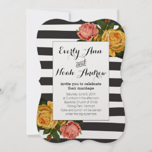 Elegant Black Stripe Heirloom Roses Wedding Invitation