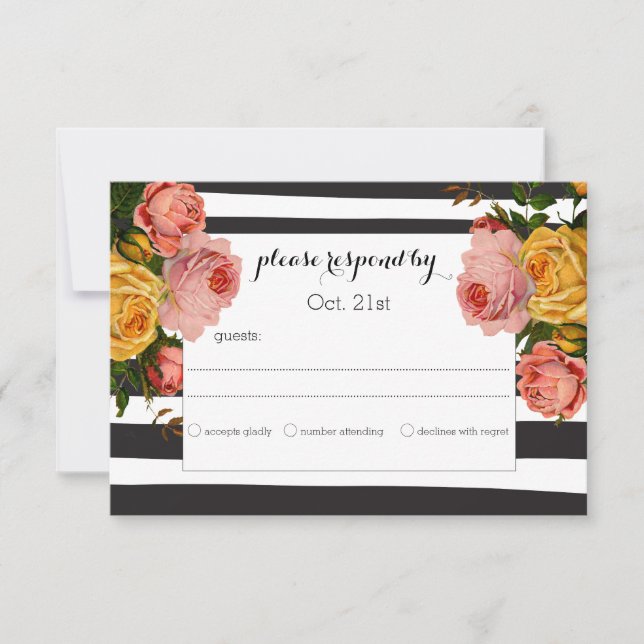 Elegant Black Stripe Heirloom Roses Wedding RSVP Card (Front)