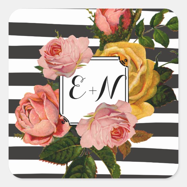 Elegant Black Stripe Heirloom Roses Wedding Square Sticker (Front)