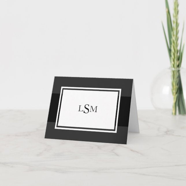 Elegant Black Stripe Monogram Note Cards (Front)