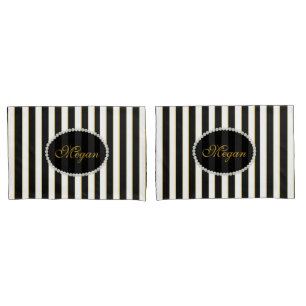 Elegant Black Striped Pearl Monogram Case Set Pillowcase