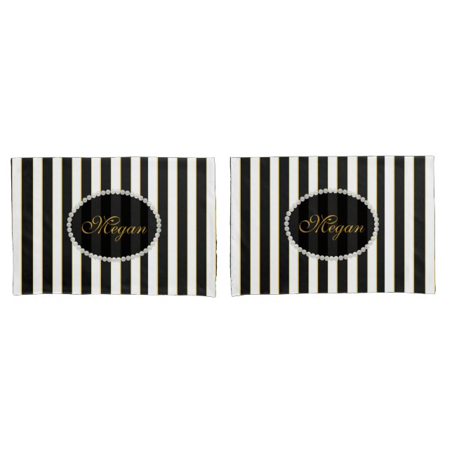 Elegant Black Striped Pearl Monogram Case Set Pillowcase (Front-Set)