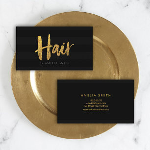 Elegant Black Stripes Brush Script Hair Stylist Business Card