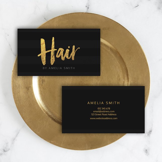 Elegant Black Stripes Brush Script Hair Stylist Business Card (Creator Uploaded)