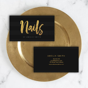 Elegant Black Stripes Brush Script Nails Business Card