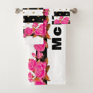 Elegant Black Stripes Gold Glitter Dots Pink Roses Bath Towel Set
