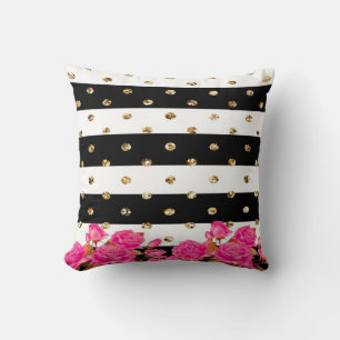Elegant Black Stripes Gold Glitter Dots Pink Roses Cushion
