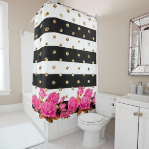 Elegant Black Stripes Gold Glitter Dots Pink Roses Shower Curtain