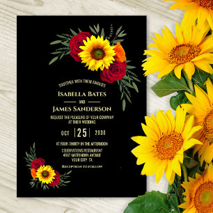 Elegant Black Sunflower Burgundy Rose Wedding Invitation