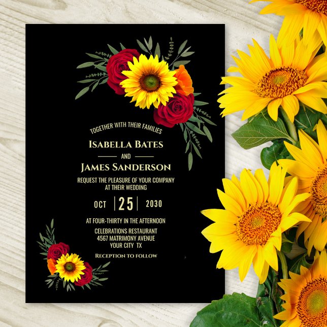 Elegant Black Sunflower Burgundy Rose Wedding Invitation (Creator Uploaded)