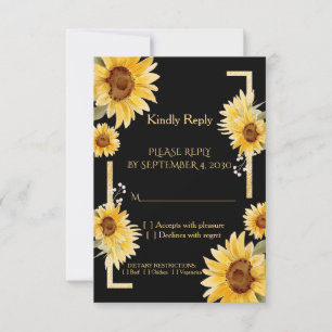 Elegant Black Sunflower Gold Wedding RSVP Card