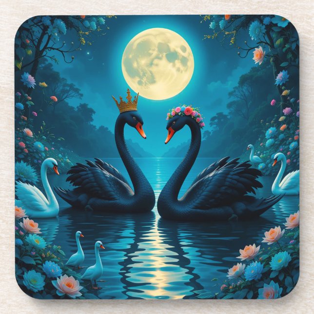 Elegant Black Swans Under Full Moon Coaster (Front)