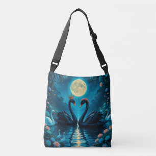 Elegant Black Swans Under Full Moon Crossbody Bag