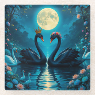 Elegant Black Swans Under Full Moon Glass Coaster