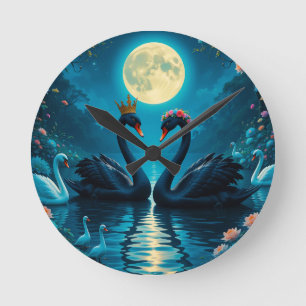 Elegant Black Swans Under Full Moon Night Lake Round Clock