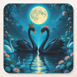 Elegant Black Swans Under Full Moon Square Paper Coaster