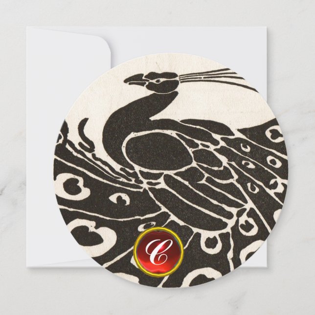ELEGANT BLACK SWHITE PEACOCK,RED RUBY GEM MONOGRAM INVITATION (Front)