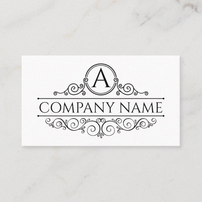 Elegant Black Swirl Monogram Frame Business Card (Front)