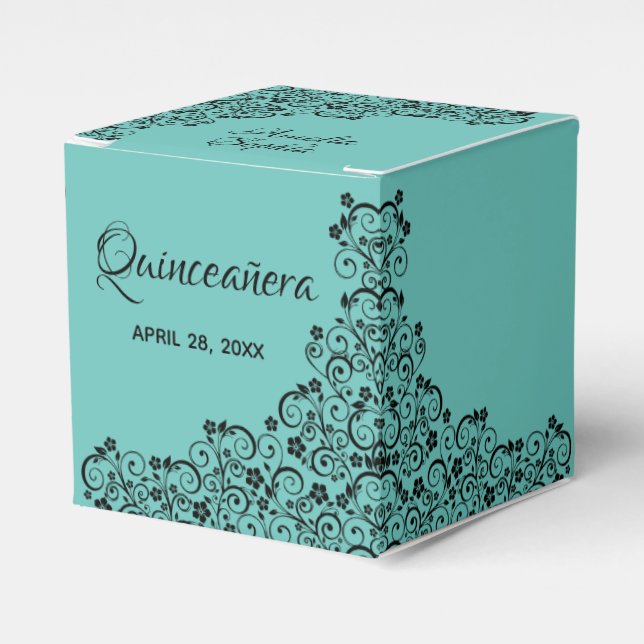 Elegant Black Swirls Turquoise Quinceañera Favour Box (Front Side)
