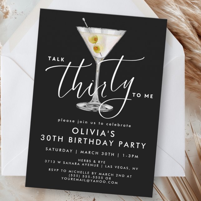 Elegant Black “Talk Thirty to Me” Martini 30th Invitation (Creator Uploaded)