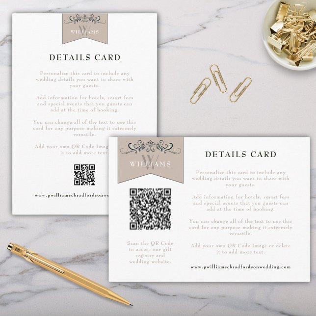 Elegant Black Tan Chapter Page Wedding Card Insert (Vertical and Horizontal Elegant Vintage Wedding Details Cards with QR Code Space Included)