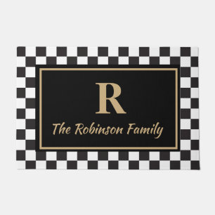 Elegant Black Tan Chequered Custom Monogram Doormat