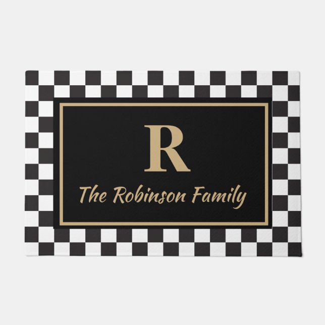 Elegant Black Tan Chequered Custom Monogram Doormat (Front)