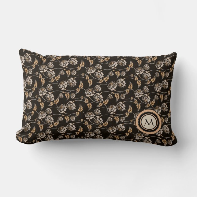 Elegant Black & Tan Floral Pattern Monogram Lumbar Cushion (Front)